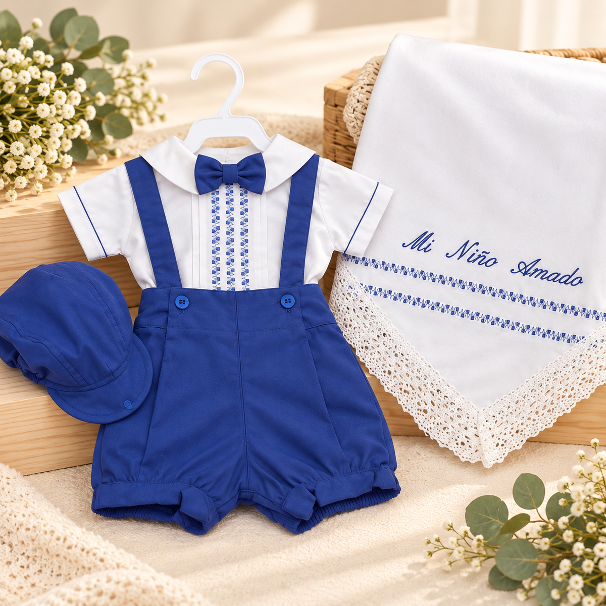 Set de Bautismo para Bebé Niño con Sábana – Blanco y Azul Rey | Mi Niño Amado 6620