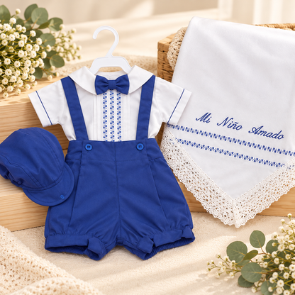 Set de Bautismo para Bebé Niño con Sábana – Blanco y Azul Rey | Mi Niño Amado 6620